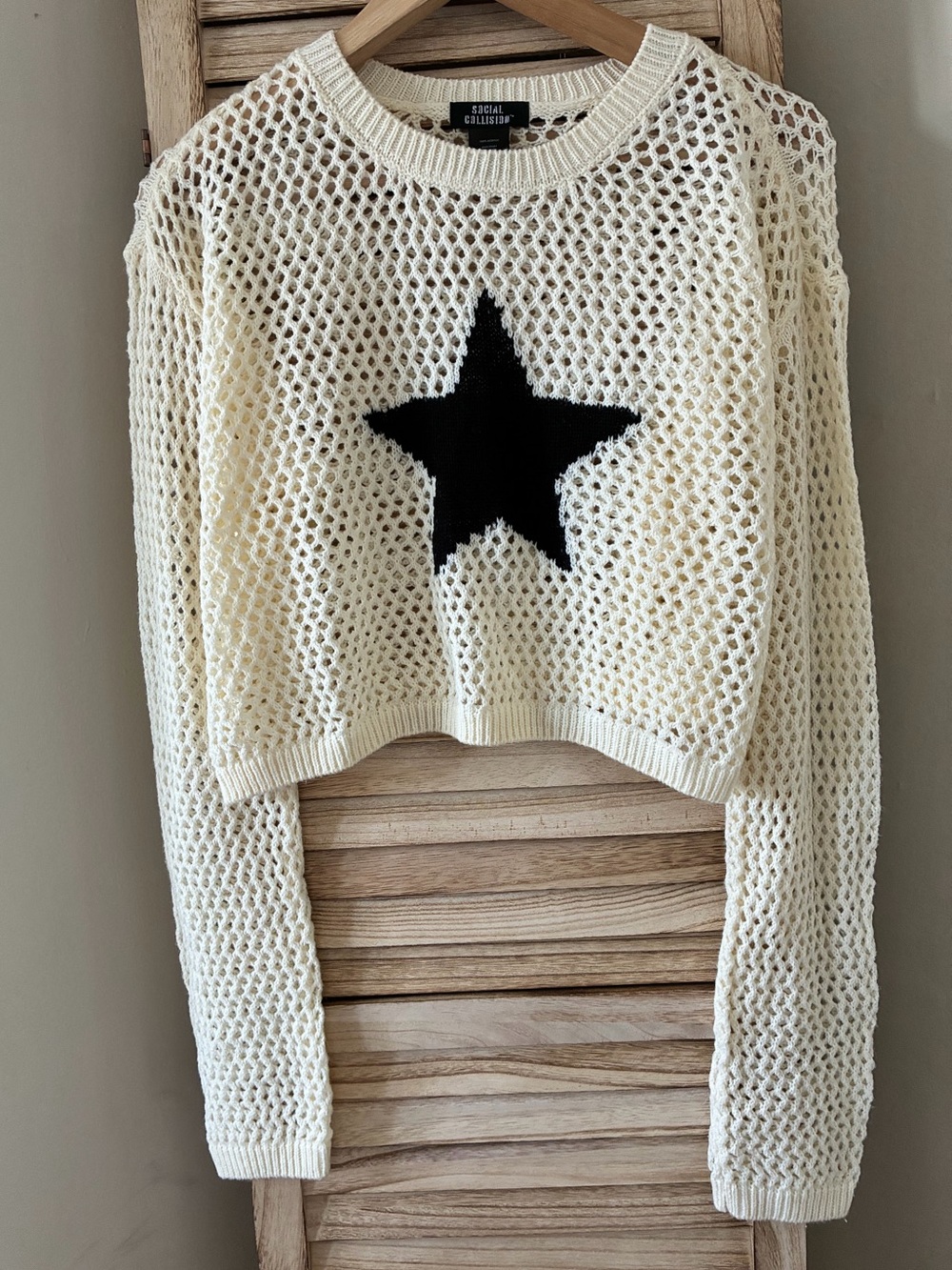 Social Collision Celestial Grunge Black Star Open Knit Cropped Mesh Sweater L